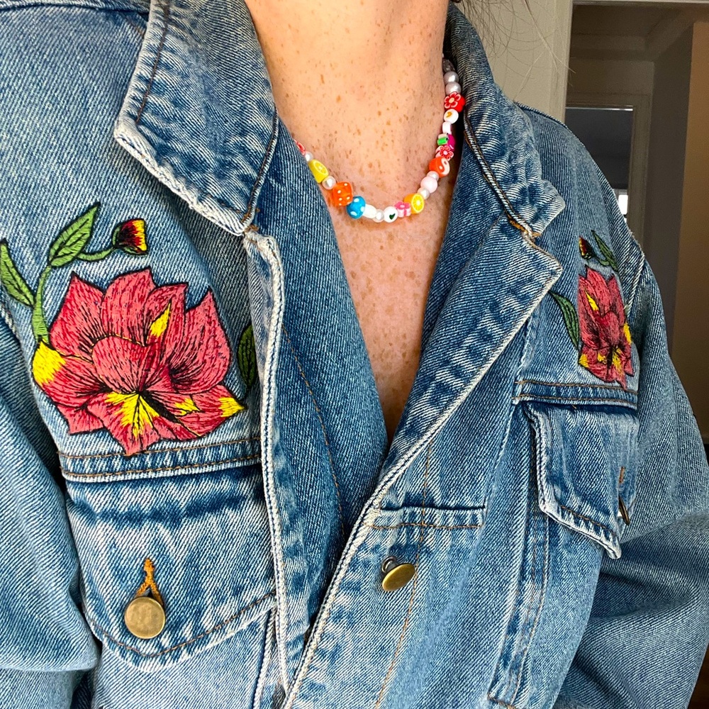 Denim Jacket with Flower Embroidery